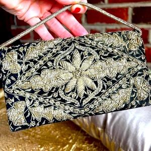 Vintage silver embroidered on a black velvet background purse